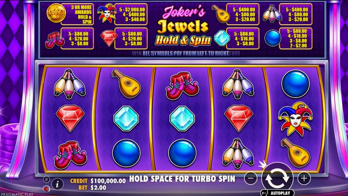 Joker’s Jewels Hold & Spin slot machine interface with vibrant gemstones and Joker theme.