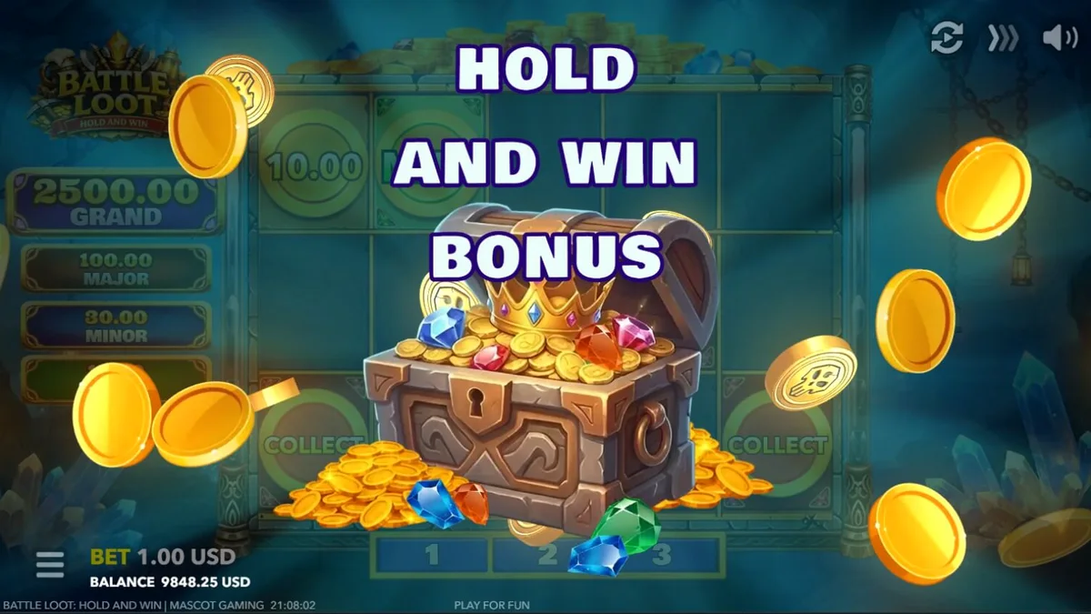 Tampilan visual slot Battle Loot: Hold and Win dengan tema kurcaci dan harta karun