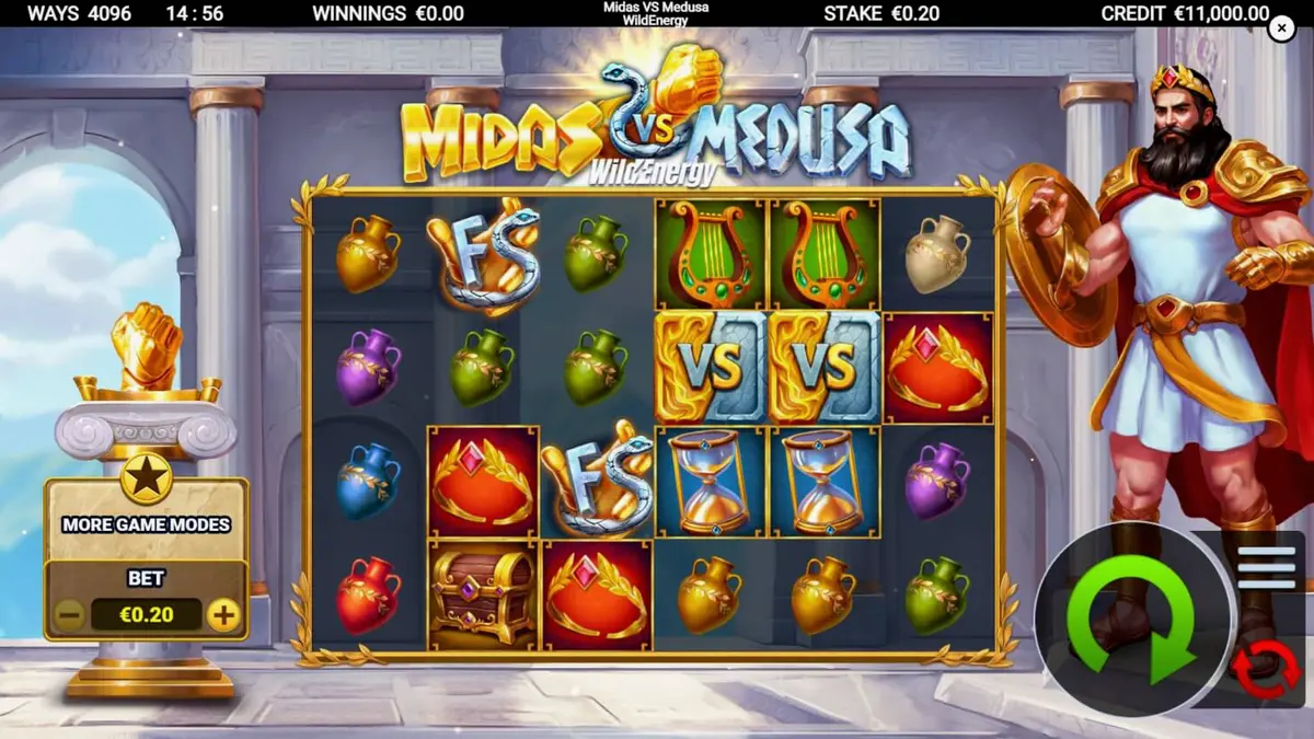 Tampilan visual slot Midas VS Medusa WildEnergy dengan elemen emas dan batu